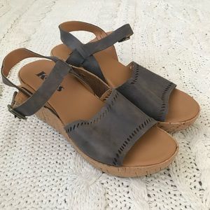 Korks Tone Leather Wedge Laser Cut Cork Ankle Strap Sandals Size 8 Gray